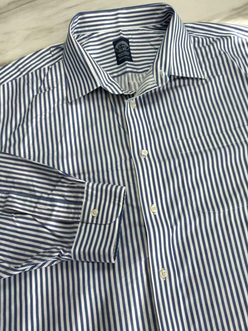 Brooks Brothers 19-34/35 Mens Stretch Blue Striped Non-Iron Supima Cotton Shirt